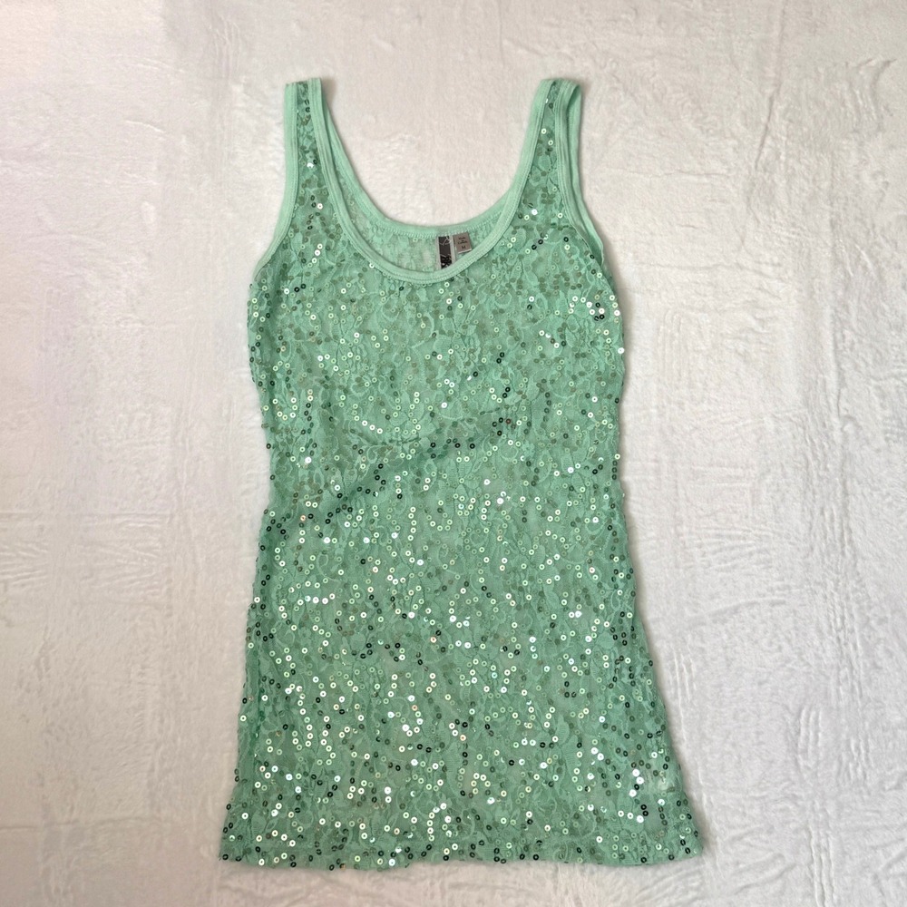 BKE Tank Top Sequin Lace Medium Mint Green Women Sleeveless Y2K Sparkle